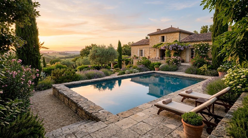 Piscine en pierre au coucher du soleil dans un jardin méditerranéen du Tarn