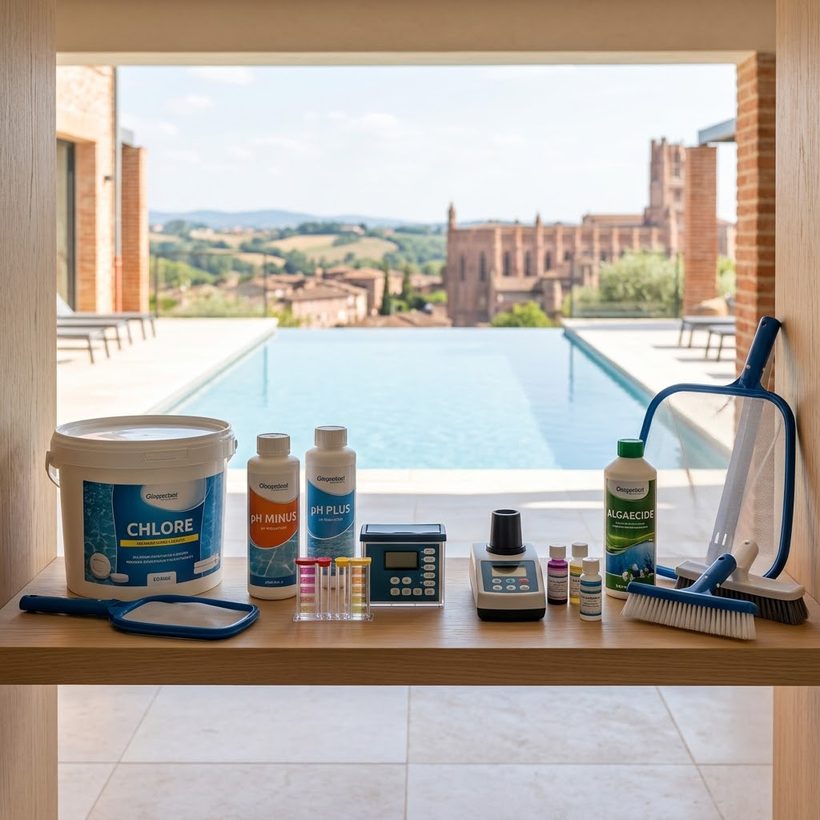 Produits d'entretien et accessoires de piscine sur une étagère